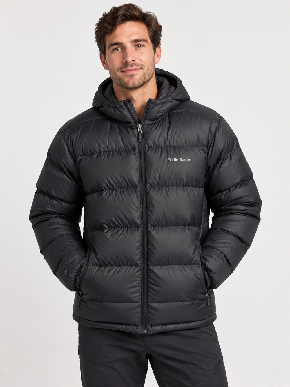 Eddie Bauer Men's Black Quilted Down Puffer Jacket with Hood